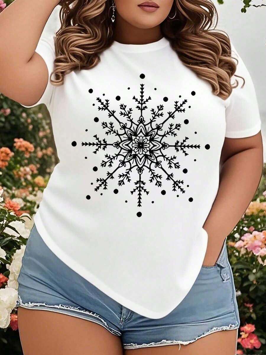 Women's Plus Size Snowflake Print T-Shirt Short Sleeve Crew Neck Casual Top For Winter Holiday Christmas Party Wear - trắng - Xem 1