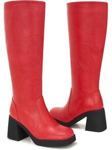 Wide Calf Plus Size Women's 70s Gogo Tall Knee High Square Toe Chunky Heel Retro Fashion Vintage Boots - 深紅色 Pu - 查看 5