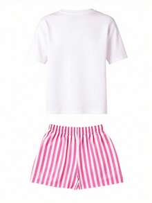 2 pack Conjunto dos piezas ropa mujer  verano  parte superior camiseta playera estampado grafico corazones animal print "love always", manga corta y shorts a rayas ropa de diario, casual y vacaciones de playa - Rosa - Ver 2