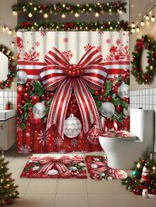 مجموعة هدايا تشمل ستارة حمام للزينة الشتوية والعيد بتصميم الكرات والسنديان والفرنسية والثلج بألوان أحمر وأخضر، قابلة للغسيل، ستارة نافذة الحمام، تشمل 12 خطاف و غطاء مقعد مرحاض مانع للانزلاق بشكل حرف U