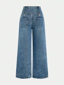 Magic Mia Women's High Waisted Wide Leg Jeans - Vintage Flare Denim Pants With Multi-Button Front & Side Accents | Retro Loose Fit For Streetwear, Casual & Everyday Style - 藍色 - 查看 6