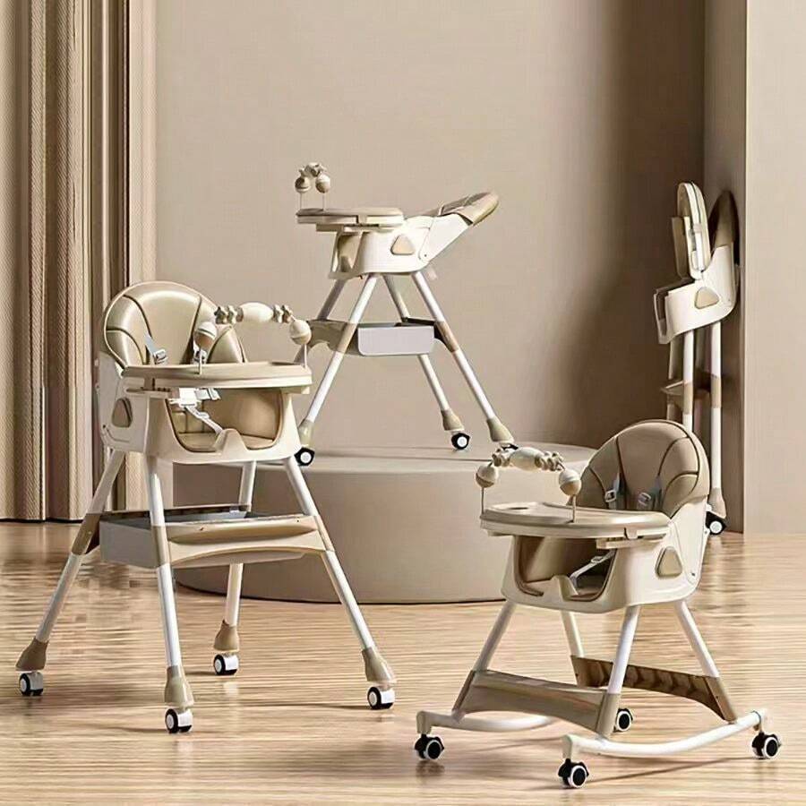 Multifunctional Baby Chair, Can Be Used As A Rocking Chair, Foldable Toddler Chair, Adjustable Height, Easy To Clean, Baby Feeding Chair - Khaki - View 1