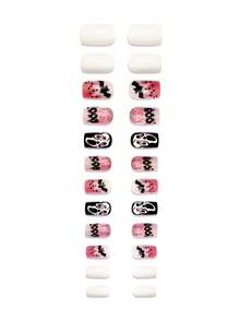 24pcs Short Square Halloween Bat Contrast Color Glossy Adhesive Press-On False Nails For Women, Removable & Perfect Fit