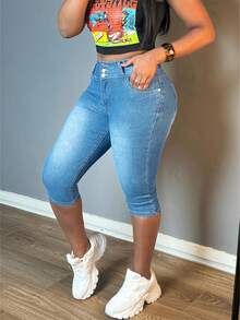 Women Stylish Single-Breasted Capri Jeans, Casual Style, Stretchy Denim Tapered Pants For A Variety Of Outfits - 淺色水洗藍 - 查看 2