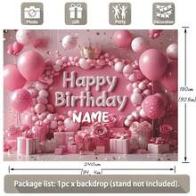 Customizable Pink Balloon Happy Birthday Backdrop, Gold Glitter Crown, Pink Floral Gift Box Design, Suitable For Princess Birthday, Baby Shower, Cake Table Decor, Photography Props, Vinyl Material,Party Top, Event Banner - E - View 7