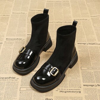 时尚秋冬新款针织拼布踝靴，时尚短靴，修身靴