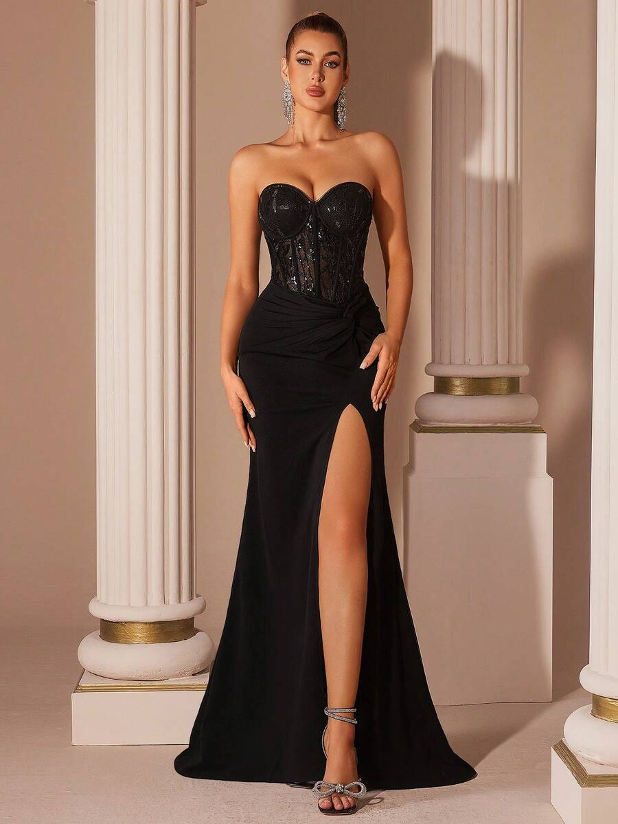 ADYCE Elegantes schwarzes Damen Partykleid mit Schlüssellochausschnitt, transparenter hoher Taille und Schlitz mit Schleife