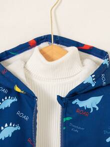 男童休闲恐龙印花拉链连帽羊毛夹克，适合秋冬季户外穿着 - 藍色 - 查看 3