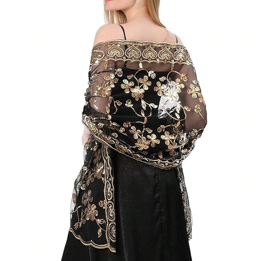 Shawls And Wraps For Evening Dresses,Women Formal 1920s Sequin Flower Sheer Shawls And Wraps For Wedding-{"Color_name":"Black+Gold"} - 黑色+金色 - 查看 1