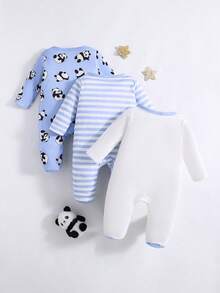 3件套男婴可爱卡通熊猫条纹印花长袖连体衣，四季皆宜 - 藍白色 - 查看 2