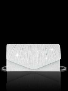 优雅女士水钻晚宴手拿包，闪亮褶皱手提宴会包，V形翻盖信封包，配有闪亮水钻首饰三件套，闪耀钱包，完美适用于派对、婚礼、舞会、晚宴/宴会、婚纱、正式场合、舞会礼服、生日礼服 - 銀色 - 查看 10