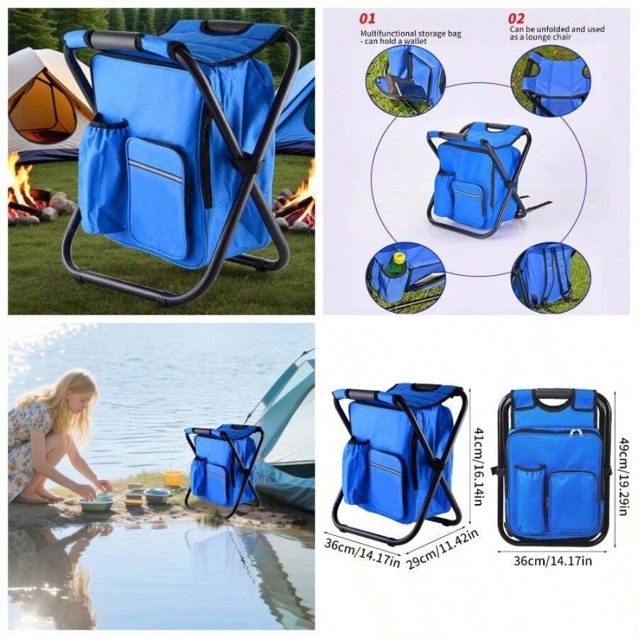 Folding Chairs Outside, Outdoor Folding Chair, Backpack Cooler Bag Camping Recliner Hiking Fishing Mountaineering Picnic Beach Garden Porch Balcony Backyard Festival Patio Park - Azul - Ver 1