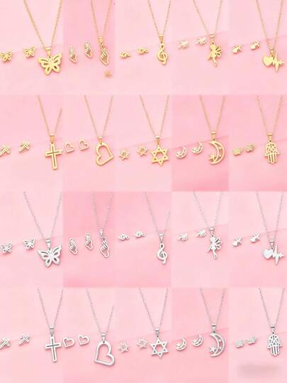 5Sets Fashion Earrings Necklace Set Girls Sweet Cool Style Asymmetrical Shape Of Stars Moon Chain Versatile Daily Niche Dating Friends Gifts Accessories