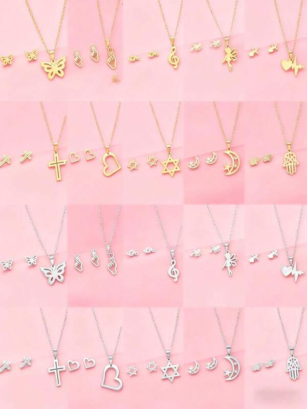 5 Sets Mode Ohrringe Halskette Set Mädchen süßer cooler Stil asymmetrische Form von Sternen Mond Kette vielseitig für Alltag, Dates, Freunde, Geschenke, Accessoires