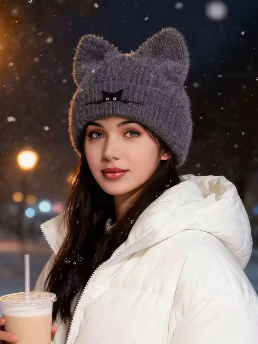 1 gorro de tricô feminino para o inverno, com design moderno de orelhas de urso fofinhas, forro térmico grosso e quente, ideal para uso diário, viagens, esqui e compras.