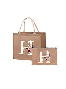 Mini Floral & Letter Print Linen Tote Bag, Women's Fashion Shopping Bag/Handbag/Grocery Bag, Teacher's Portable Tote Bag, Ideal Shopping Tote/Lunch Bag - Khaki - View 42