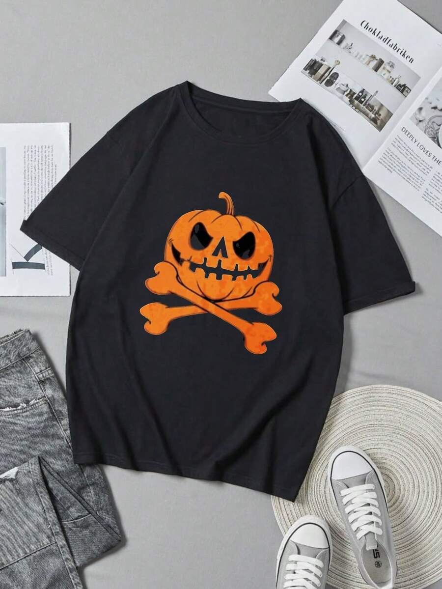 Halloween Short Sleeve Black T-Shirt with Pumpkin Skull Crossbones Print for Festive Party Wear - Negro - Ver 1