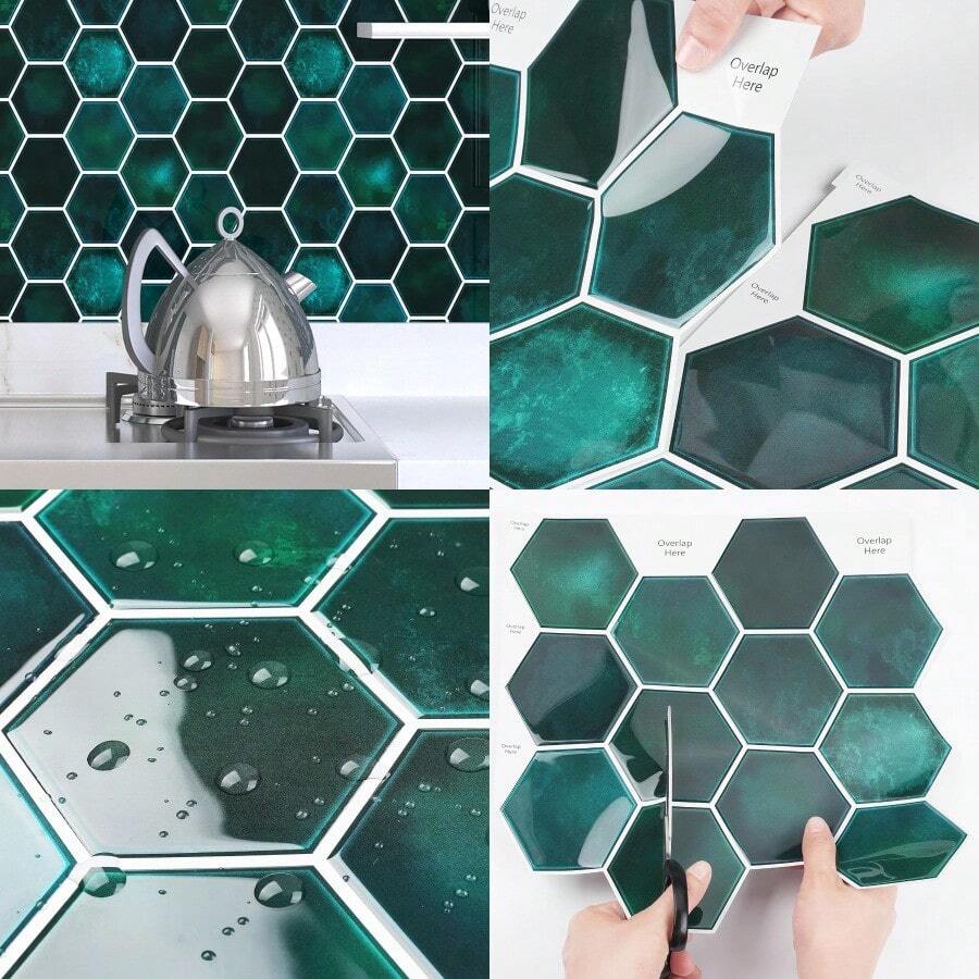 Dark Green Tile Peel And Stick Backsplash For Kitchen12X12 4Tiles Hexagon Stick On Back Splashes For Kitchens Peel And Stick Wall Tiles For Bathroom Shower Tile Stickers Renter Friendly