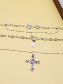 Set de 3 collares con colgantes de corazón, estrella y cruz con strass en color rosa, estilo dulce y elegante gótico con adornos de strass, adecuado para uso diario, fiestas, reuniones y regalos para amigos