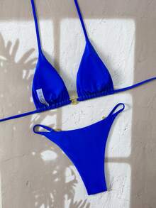 Women's Sexy Spaghetti Strap High Elasticity Bikini Set, Side Tie, Bright Blue, Perfect For Summer Beach Wear - Blue - View 2