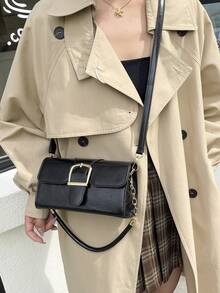 Nueva bolsa cuadrada pequeña con hebilla de cuero, bolso de hombro y cruzado minimalista de moda para mujer, bolso de cierre con candado para debajo del brazo, elegante y versátil bolso de mano para dama - Negro - Ver 5