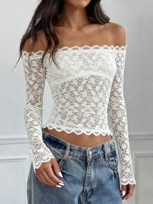 A High-Quality One-Shoulder Top With Lace Patterns, Suitable For Back-To-School Parties, Dates And Ladies' Christmas Outfits In Autumn/Winter - White - View 4