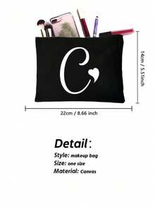 1pc Black Large-Capacity Cosmetic Bag, Printed With White Artistic Letters A-Z And A Heart Pattern,Hot-Selling Fashion Item Suitable For Travel, Toiletry, Multi-Functional Storage, Jewelry Storage, Coin Purse, Headphone Bag, Digital Storage Bag,Christmas Gifts,Pouch,Travel,Gifts For Women,Women's Necessaire,Travel Essential,Pouch,Clutch / Small Handbag,Necessaire,Makeup Organizer,Makeup Organize,Pouch,Brush Holder,Mini Pouch,Large Capacity Pouch