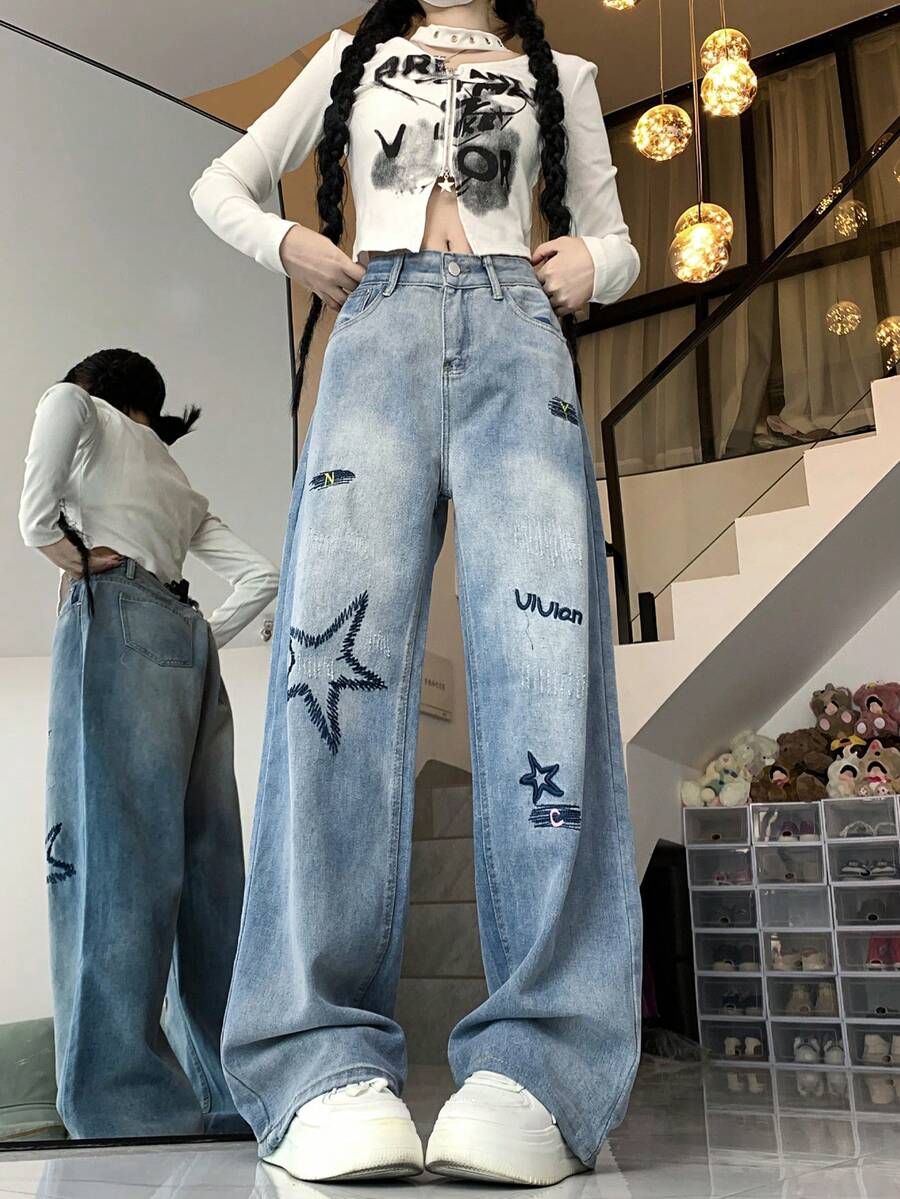 Jeans de mezclilla de talle alto para mujer con bordado de estrellas y letras, bolsillos, cierre de cremallera y botón, adecuados para uso diario y citas, para todas las estaciones - Azul - Ver 1