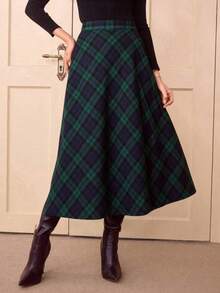 女士休闲格子 A 字裙，松紧腰，适合秋冬季日常休闲和办公室通勤穿着