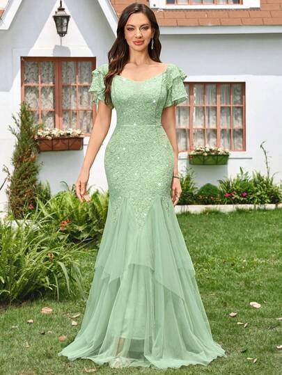 MIUSOL Boat Neck Sequin Floral Lace Contrast Mesh Ruffle Sleeve Mermaid Long Dress, Elegant Women's Formal Gown, Suitable For Wedding Guest, Graduation Ceremony, Gala Dinner And Other Formal Occasions