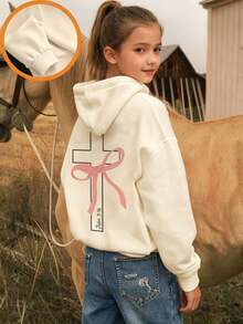 1件少女休闲印花套头卫衣，保暖内衬，长袖，秋冬季学生服装 - 杏色 - 查看 8