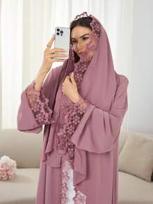 1 套头巾 + 开放式阿巴亚伊斯兰中长连衣裙，土耳其迪拜阿巴亚长袍带头巾，适合穆斯林女性日常穿着 - 彩色 - 查看 1