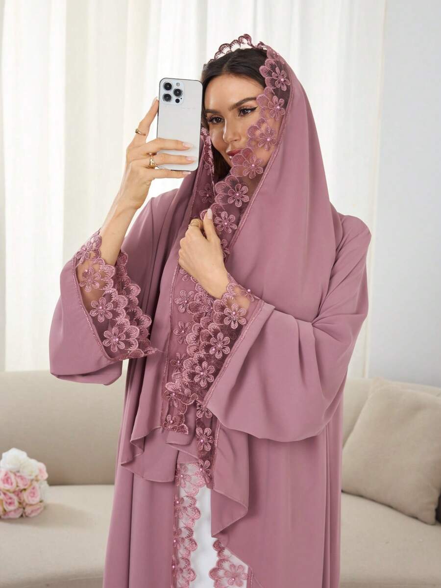 1 套头巾 + 开放式阿巴亚伊斯兰中长连衣裙，土耳其迪拜阿巴亚长袍带头巾，适合穆斯林女性日常穿着 - 彩色 - 查看 1