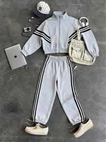 Set de 2 piezas de ropa deportiva para niños, chaqueta con parches a rayas minimalista con puños acanalados y pantalones con cordón, otoño/invierno - Gris - Ver 10