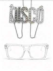 1 Set Retro Disco Style Outfit, Suitable For Men And Women, 1 Pair Of Transparent Glasses + 1 Silver Disco Necklace, Suitable For Theme Parties And Disco Gatherings