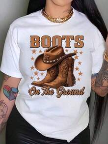 Plus Size Women's Vintage Western Cowgirl Graphic T-Shirt - Cowgirl Boot Design With "Boots On The Ground" Slogan, Soft Breathable Regular Fit Casual Tee For Celebrations & Casual Attire, Retro Short Sleeve Shirt, Ladies T-Shirts, Festive Print Top, Comfortable Fit Top - 白色 - 查看 7
