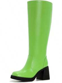 Wide Calf Plus Size Women's 70s Gogo Tall Knee High Square Toe Chunky Heel Retro Fashion Vintage Boots - 青檸綠 - 查看 1