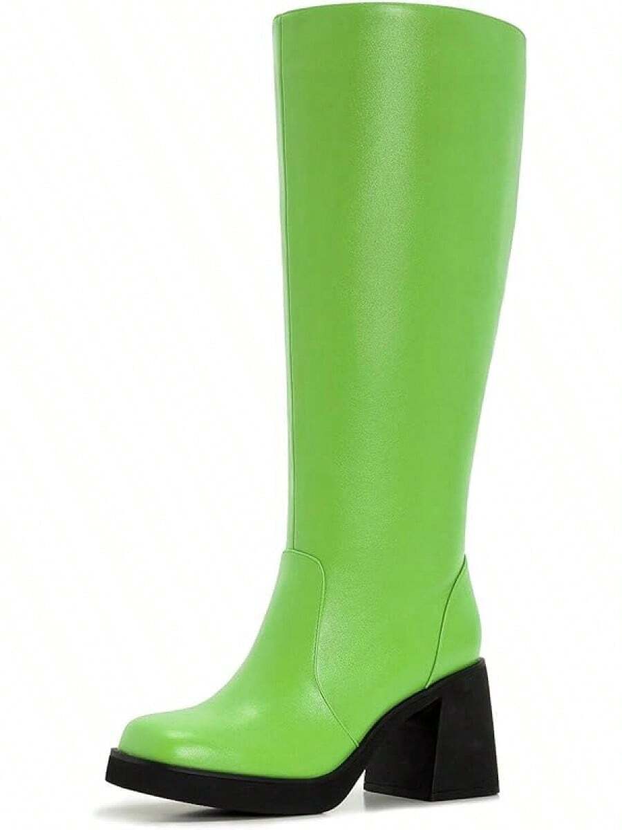 Wide Calf Plus Size Women's 70s Gogo Tall Knee High Square Toe Chunky Heel Retro Fashion Vintage Boots - 青檸綠 - 查看 1