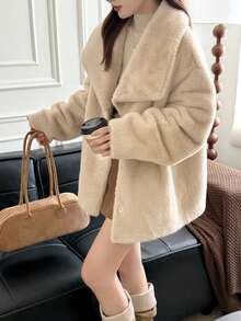 女士优雅加厚仿毛领夹克，奢华纯色皮草大衣，精致简约修身秋冬外套 - 杏色 - 查看 5