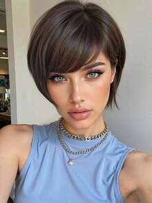 10 英寸棕色短直发合成假发，带刘海，适合女士日常派对角色扮演使用 - 棕色 - 查看 2