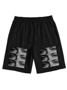 Men's Loose Solid Shorts With Pockets, Active Elastic Waist Drawstring Shorts - Black - View 4