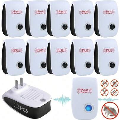 12 Piezas Repelente Ultrasónico de Plagas Amigable para Niños y Mascotas, Ahuyentador Electrónico de Plagas para Interior, Control de Plagas en Interiores para Cucarachas, Ratones, Hormigas, Repelente