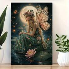 1pc Fairy Canvas Wall Art, Butterfly Wings, Moonlit Fantasy Print. Stretched Canvas, Wall Decor For Living Room, Bedroom. Floral Crown, Elegant, Artwork, Fantasy Decor, Ready To Hang Canvas Art. Magical Wall Art. - 彩色 - 查看 3