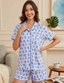 Womens Button Down Pajamas Set Short Sleeve Lounge Sets Bride Soft Sleepwear Casual 2 Piece Pjs With Pocket S-XXLhalloween - Blue Monkey - View 5