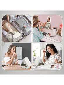 Portable LED Lighting Makeup Mirror Box - Foldable Travel Cosmetic Storage Box With USB Rechargeable Battery, Pink Leather Design, Suitable For Students, Women's Jewelry Storage And Portable Beauty, Small Makeup Case | Foldable Mirror Box | Faux Leather Finish