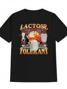 Camiseta gráfica divertida de hombre "Tolerante a la lactosa" - Camiseta negra humorística de amante de los lácteos con letras en negrita y diseño de caja de leche, cuello redondo casual para verano, para fiestas y atuendo casual, regalo lavable a máquina para hombres - Negro - Ver 1