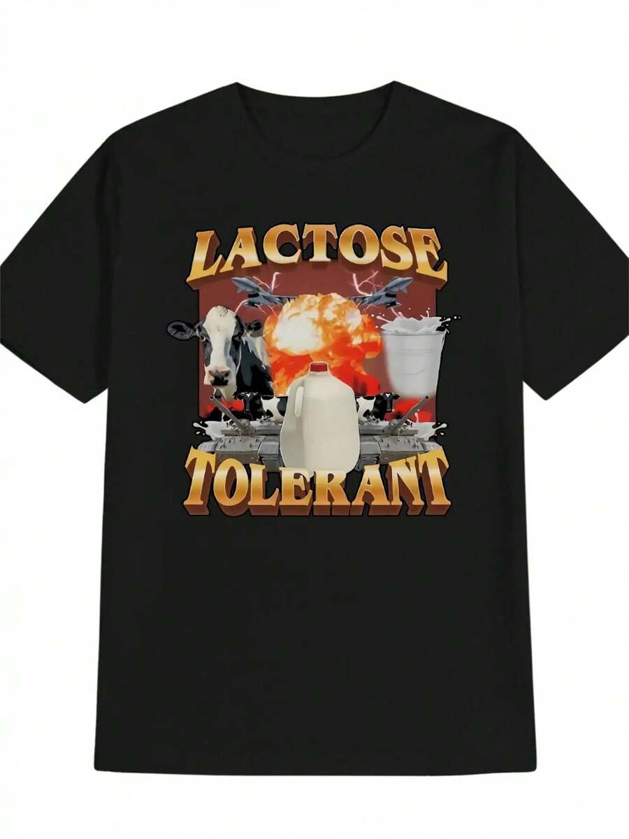 Camiseta gráfica divertida de hombre "Tolerante a la lactosa" - Camiseta negra humorística de amante de los lácteos con letras en negrita y diseño de caja de leche, cuello redondo casual para verano, para fiestas y atuendo casual, regalo lavable a máquina para hombres - Negro - Ver 1