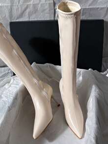 Square Toe Thick Heel Side Zipper Super High Heel Suede Minimalist Style Knee-High Boots For Women