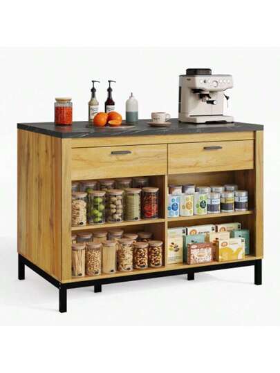 120*75*90cm, Country Kitchen Isl Drawers Open Shelves, Oak Grain Finish, Zwart Marble Countertop, Metal Frame, Back Bar Area