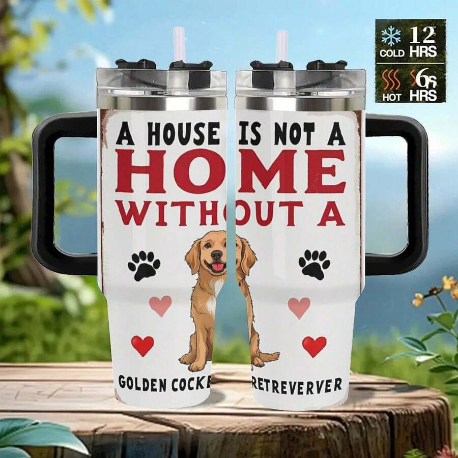 40oz Golden Cocker Retriever Tumbler, Double Wall Vacuum Insulated Travel Mug, Spill Proof Lid, Gift For Dad, Mom, Ideal For Christmas, Mother's Day, Birthday Gift, Perfect As A Halloween Gift, Coffee Cup - 黑色 - 查看 1